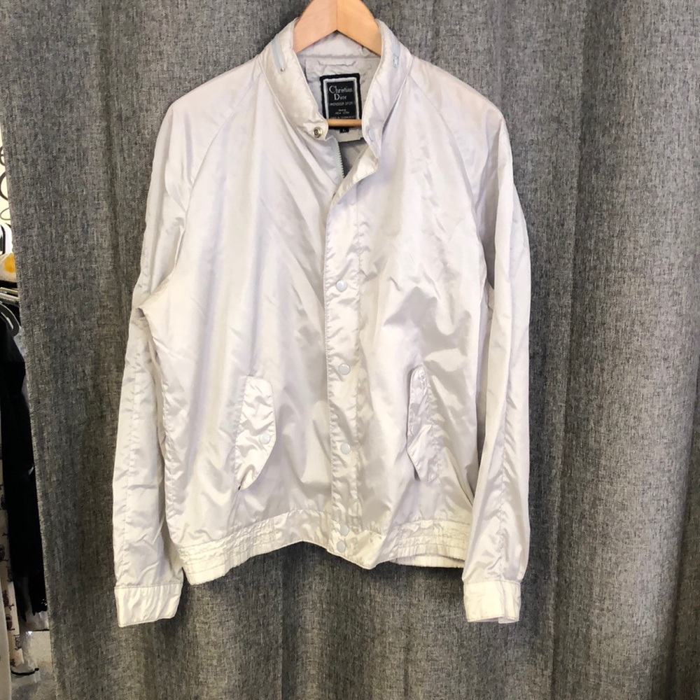 VINTAGE CHRISTIAN DIOR MONSIEUR SILVER NYLON WINDBREAKER JACKET W/HIDDEN HOODIE